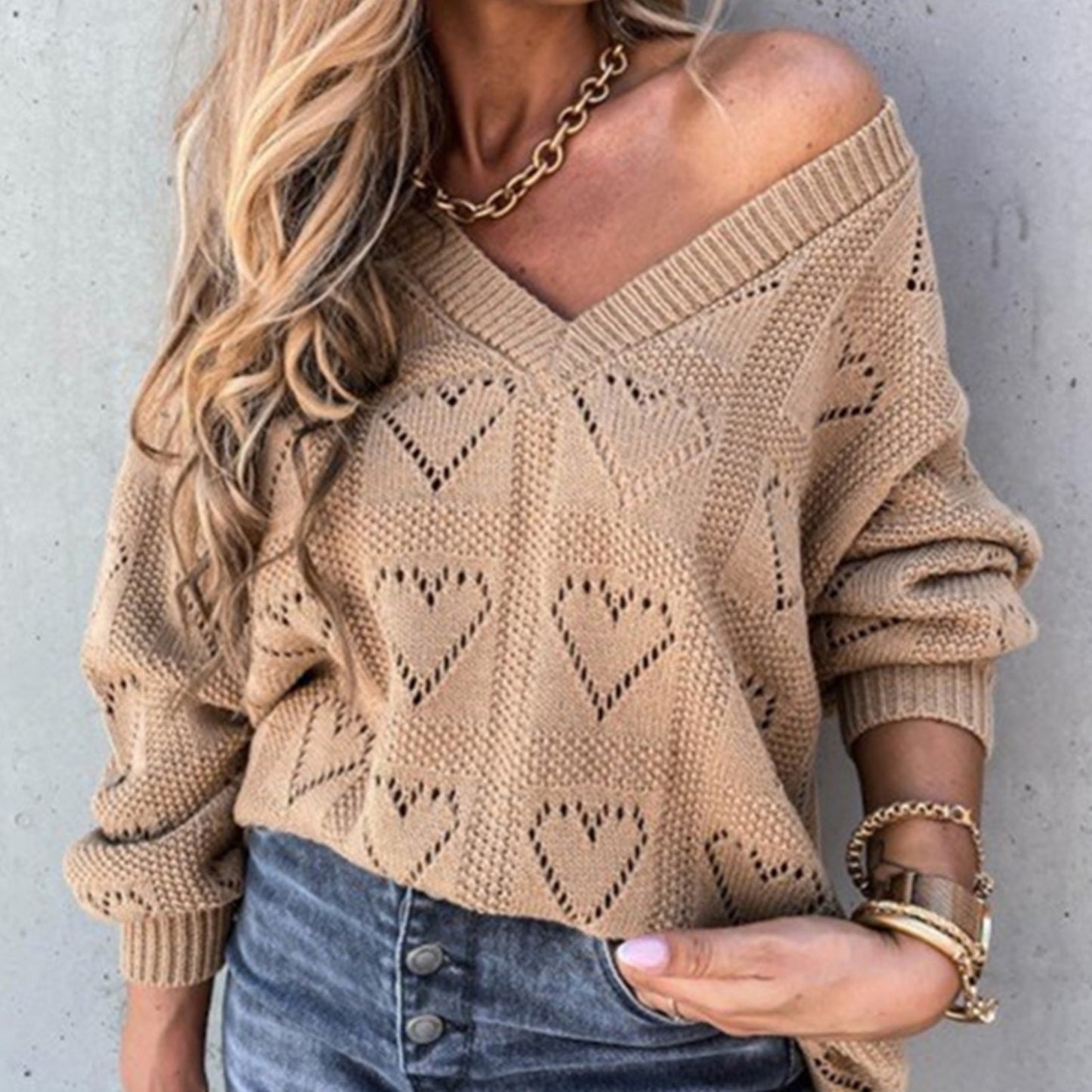 Love Heart Hollow Crochet Sweater Loose V Neck Long Sleeve Casual Knitwear Jumper