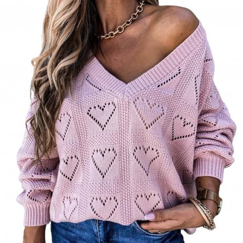 Love Heart Hollow Crochet Sweater Loose V Neck Long Sleeve Casual Knitwear Jumper