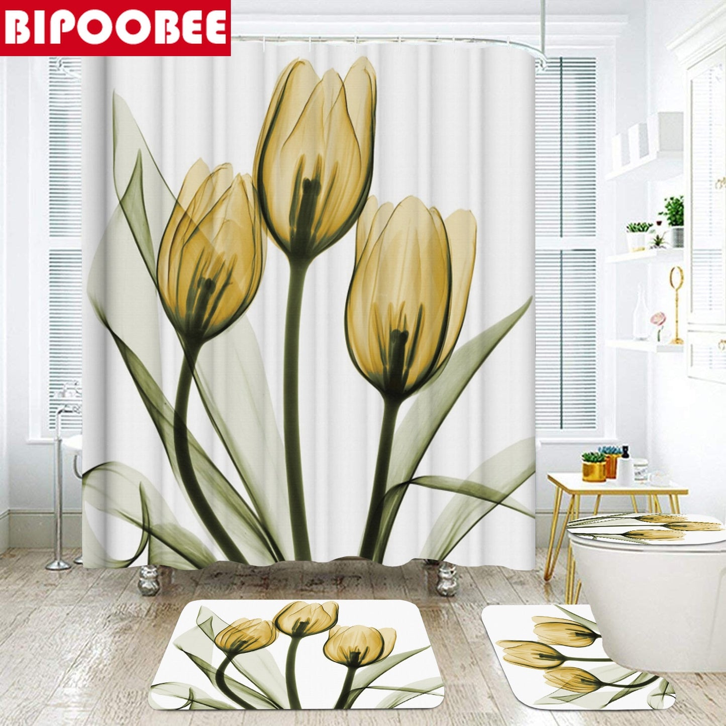 Colorful Tulip Lotus Flowers Trees Shower Curtain Sets Non-Slip Rugs Toilet Lid Cover and Bath Mat Waterproof Bathroom Curtains