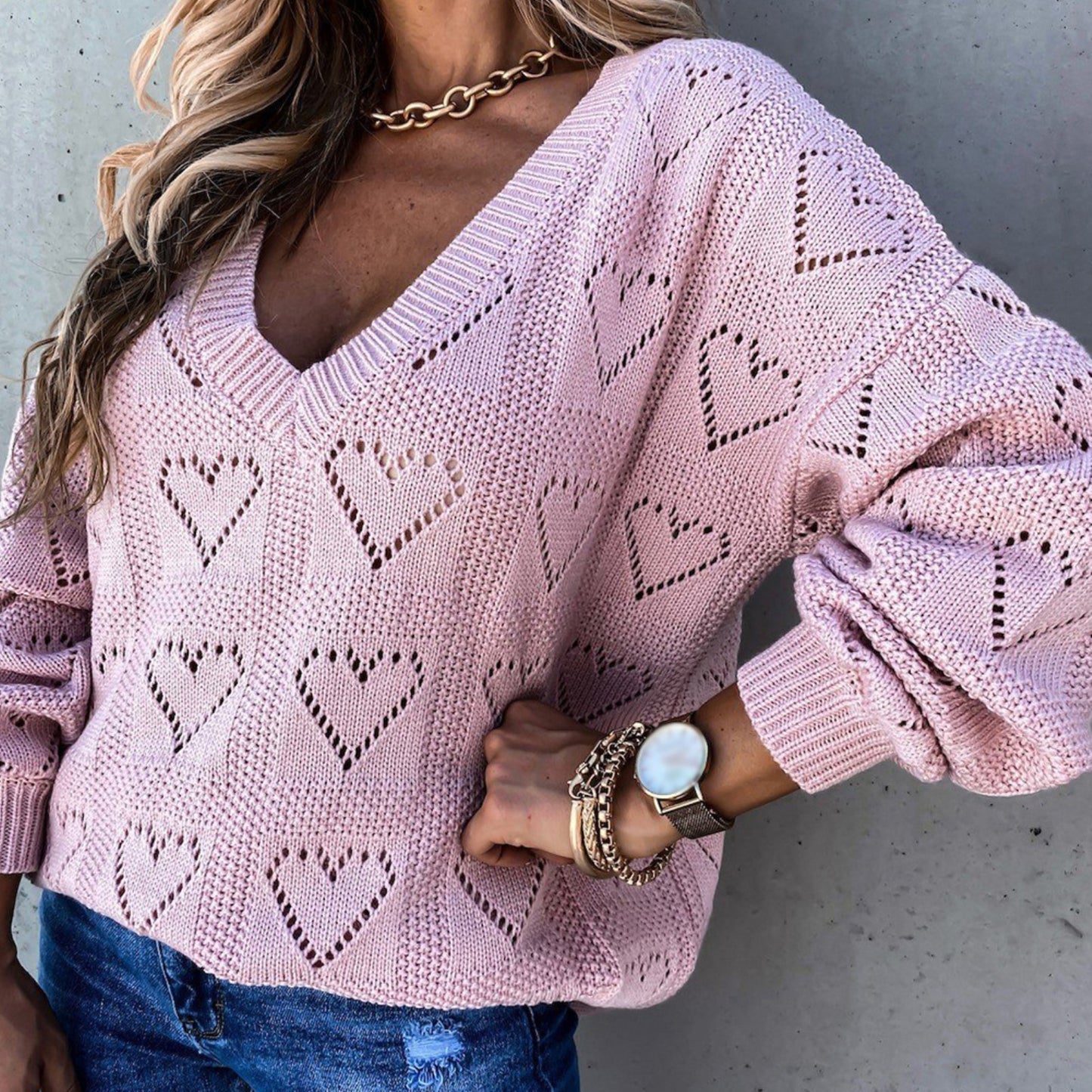 Love Heart Hollow Crochet Sweater Loose V Neck Long Sleeve Casual Knitwear Jumper