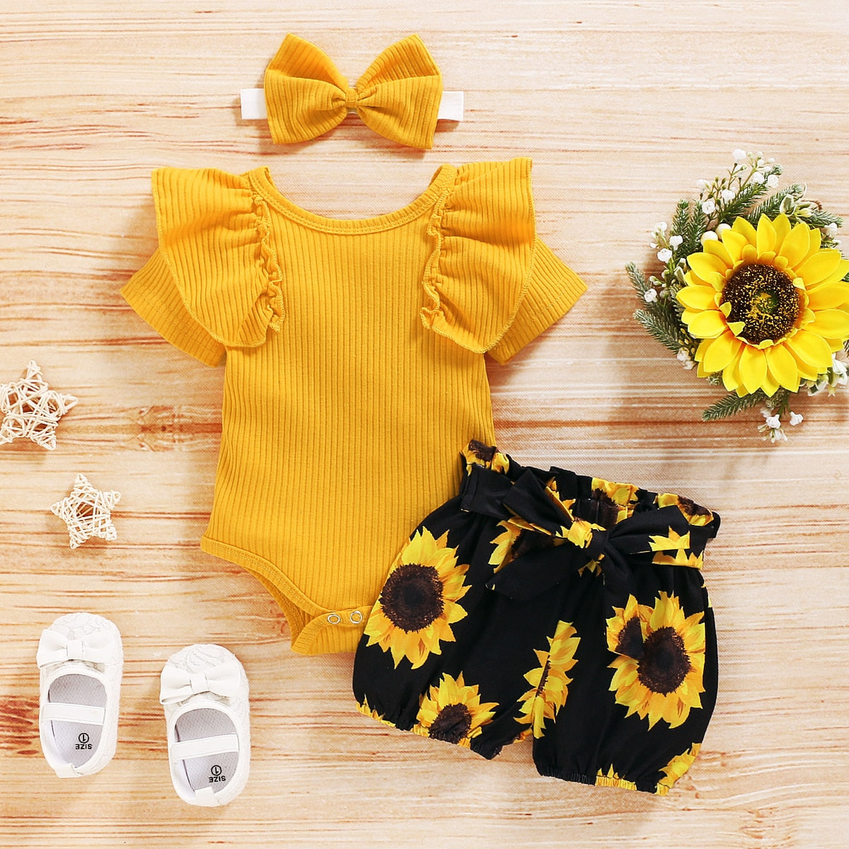 Newborn Infant Baby Clothing Set Short Sleeve Romper Top Sunflower Printed Shorts 3Pcs Outfit