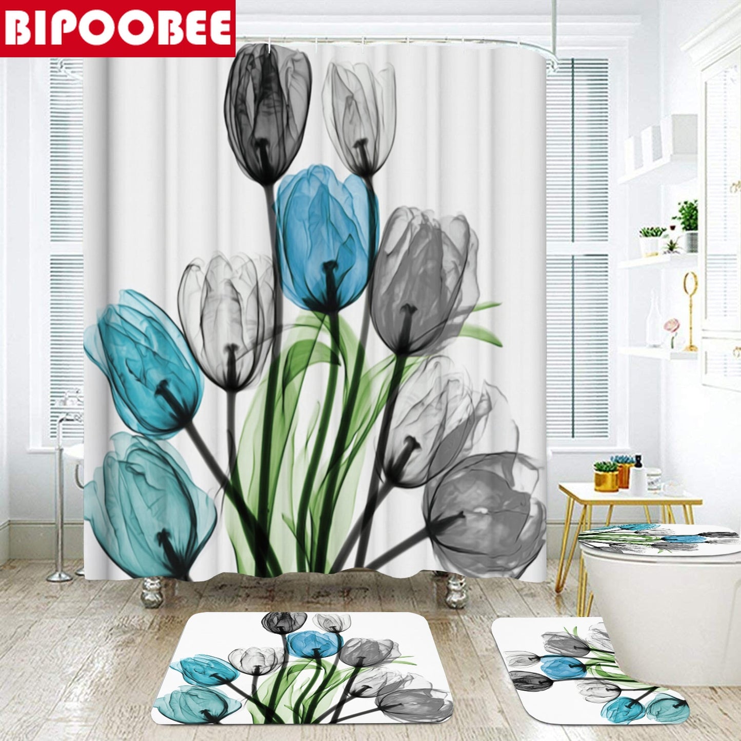 Colorful Tulip Lotus Flowers Trees Shower Curtain Sets Non-Slip Rugs Toilet Lid Cover and Bath Mat Waterproof Bathroom Curtains