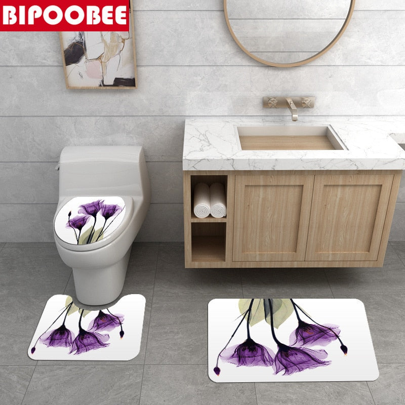 Colorful Tulip Lotus Flowers Trees Shower Curtain Sets Non-Slip Rugs Toilet Lid Cover and Bath Mat Waterproof Bathroom Curtains