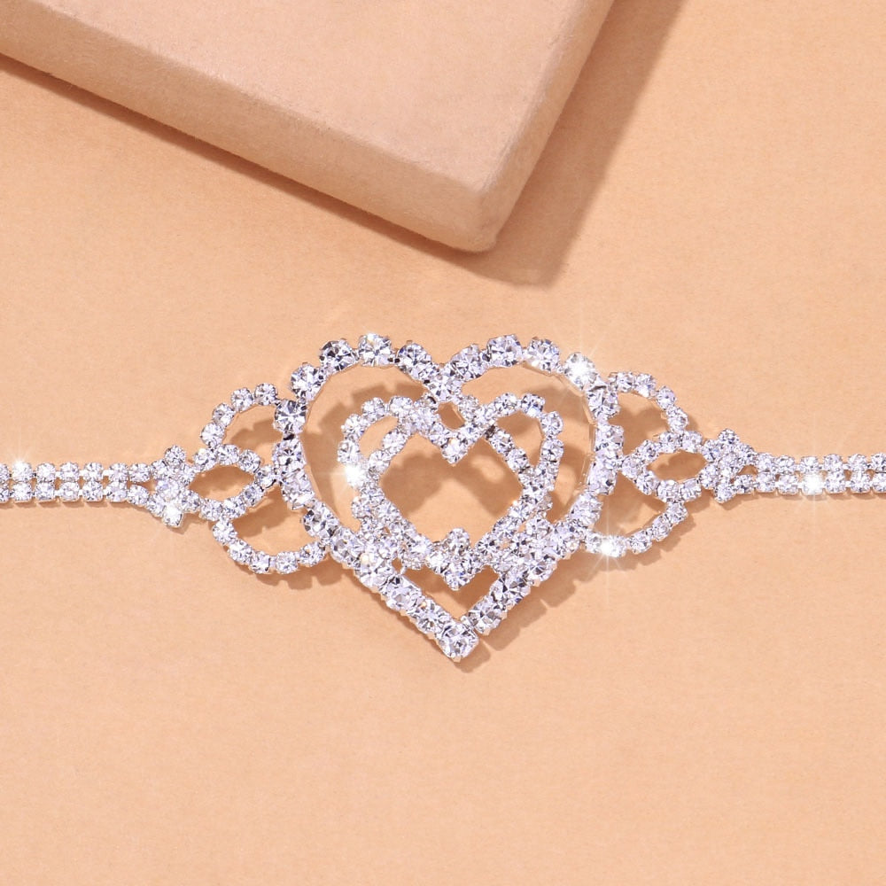 Stonefans Fashion Double Heart Anklet Rhinestone Chain Jewelry for Women Bling Love Foot Chain Anklet Bracelet Crystal