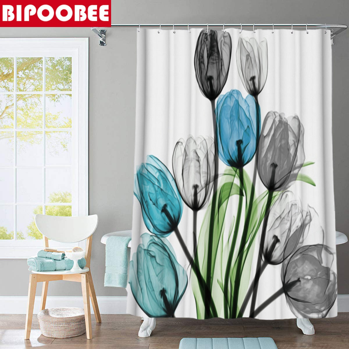 Colorful Tulip Lotus Flowers Trees Shower Curtain Sets Non-Slip Rugs Toilet Lid Cover and Bath Mat Waterproof Bathroom Curtains