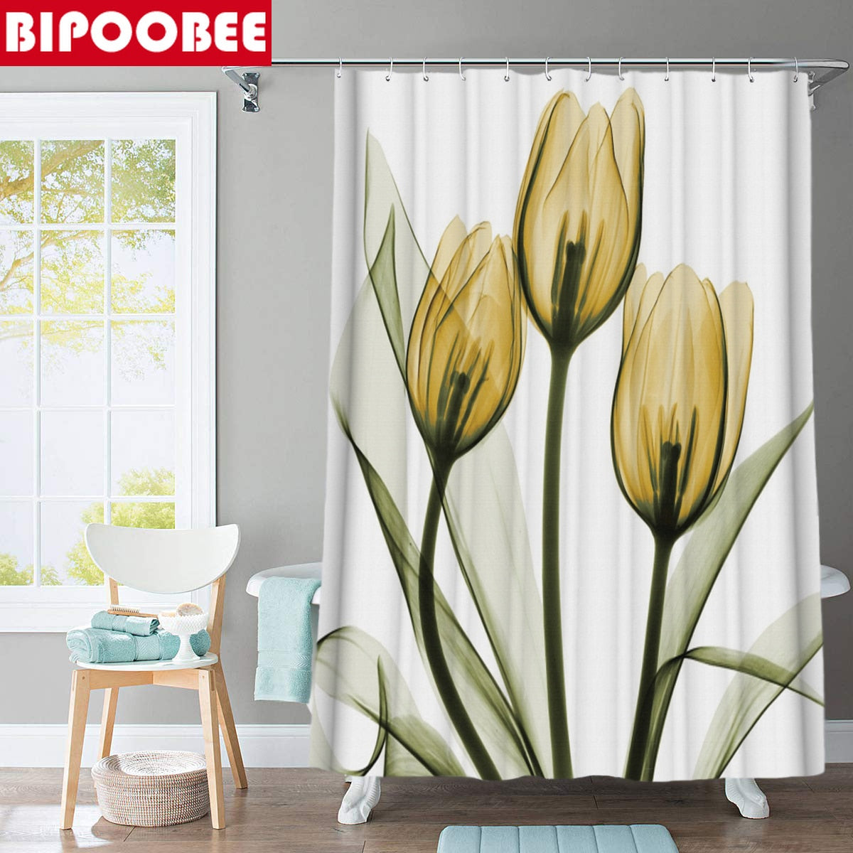 Colorful Tulip Lotus Flowers Trees Shower Curtain Sets Non-Slip Rugs Toilet Lid Cover and Bath Mat Waterproof Bathroom Curtains