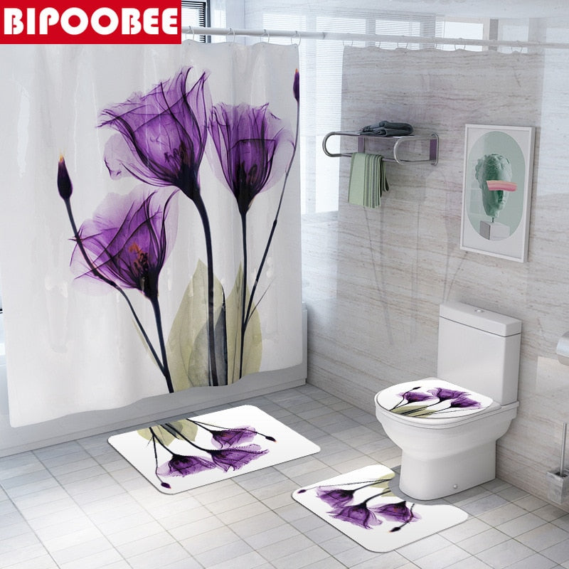 Colorful Tulip Lotus Flowers Trees Shower Curtain Sets Non-Slip Rugs Toilet Lid Cover and Bath Mat Waterproof Bathroom Curtains