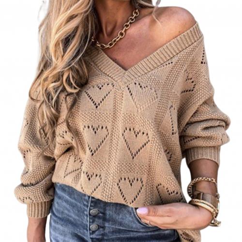 Love Heart Hollow Crochet Sweater Loose V Neck Long Sleeve Casual Knitwear Jumper