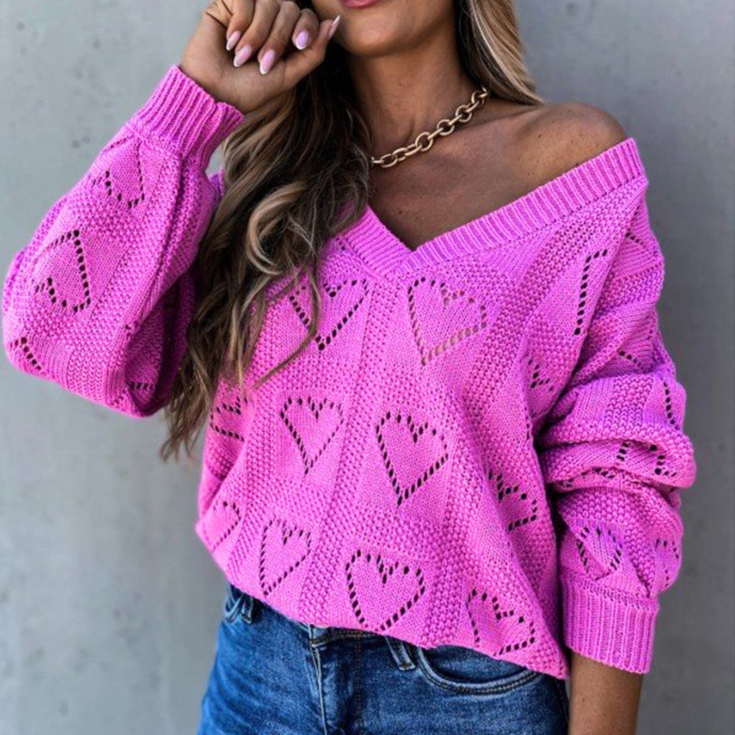 Love Heart Hollow Crochet Sweater Loose V Neck Long Sleeve Casual Knitwear Jumper