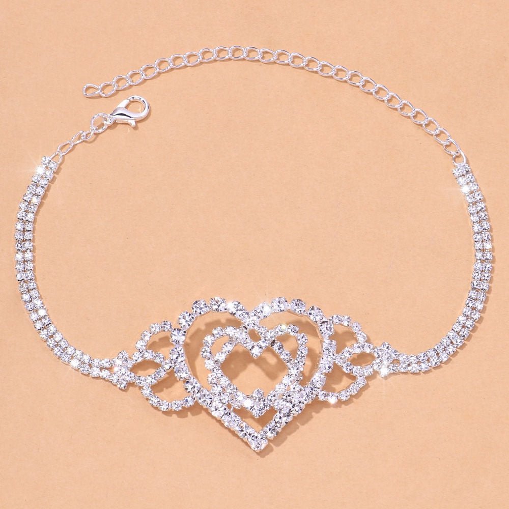 Stonefans Fashion Double Heart Anklet Rhinestone Chain Jewelry for Women Bling Love Foot Chain Anklet Bracelet Crystal