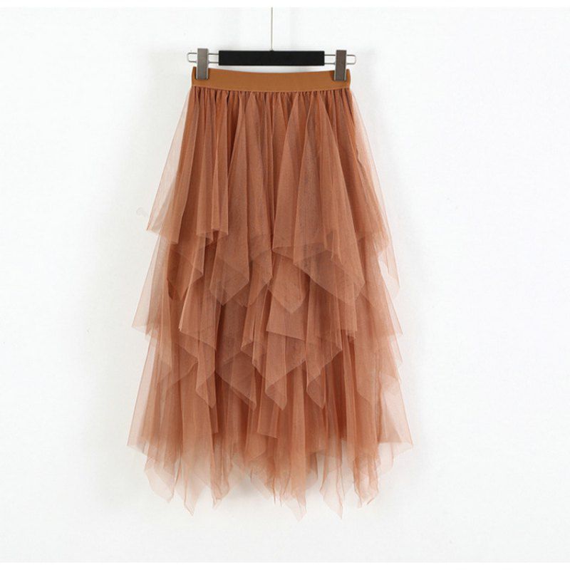 Party Skirt Elastic High Waist Long Tulle Skirt Women Irregular Hem Mesh Tutu Skirt