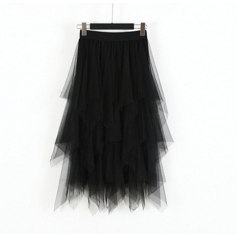 Party Skirt Elastic High Waist Long Tulle Skirt Women Irregular Hem Mesh Tutu Skirt