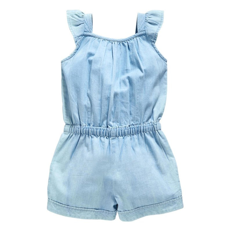 Kids Girls Clothing Rompers Denim Blue Cotton Washed Jeans Sleeveless Bow Jumpsuits