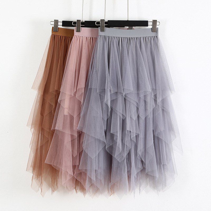 Party Skirt Elastic High Waist Long Tulle Skirt Women Irregular Hem Mesh Tutu Skirt