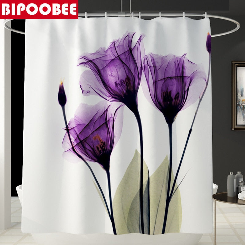 Colorful Tulip Lotus Flowers Trees Shower Curtain Sets Non-Slip Rugs Toilet Lid Cover and Bath Mat Waterproof Bathroom Curtains