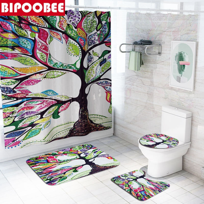 Colorful Tulip Lotus Flowers Trees Shower Curtain Sets Non-Slip Rugs Toilet Lid Cover and Bath Mat Waterproof Bathroom Curtains