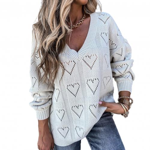 Love Heart Hollow Crochet Sweater Loose V Neck Long Sleeve Casual Knitwear Jumper