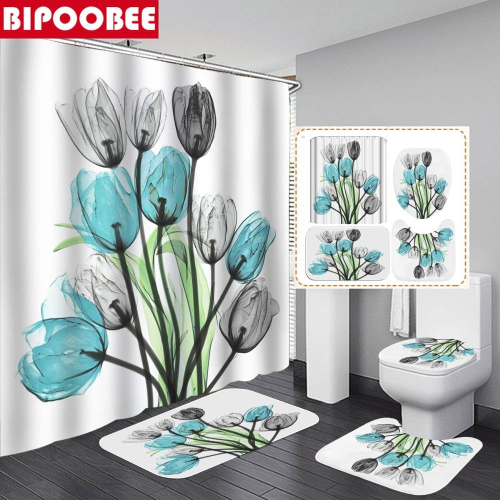 Colorful Tulip Lotus Flowers Trees Shower Curtain Sets Non-Slip Rugs Toilet Lid Cover and Bath Mat Waterproof Bathroom Curtains