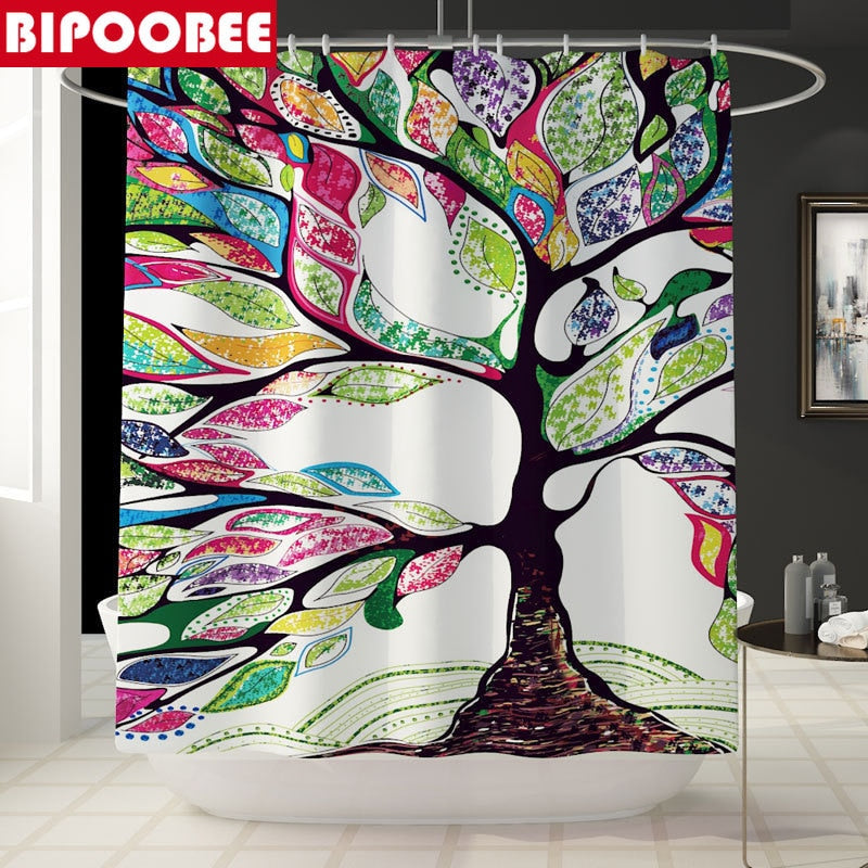 Colorful Tulip Lotus Flowers Trees Shower Curtain Sets Non-Slip Rugs Toilet Lid Cover and Bath Mat Waterproof Bathroom Curtains