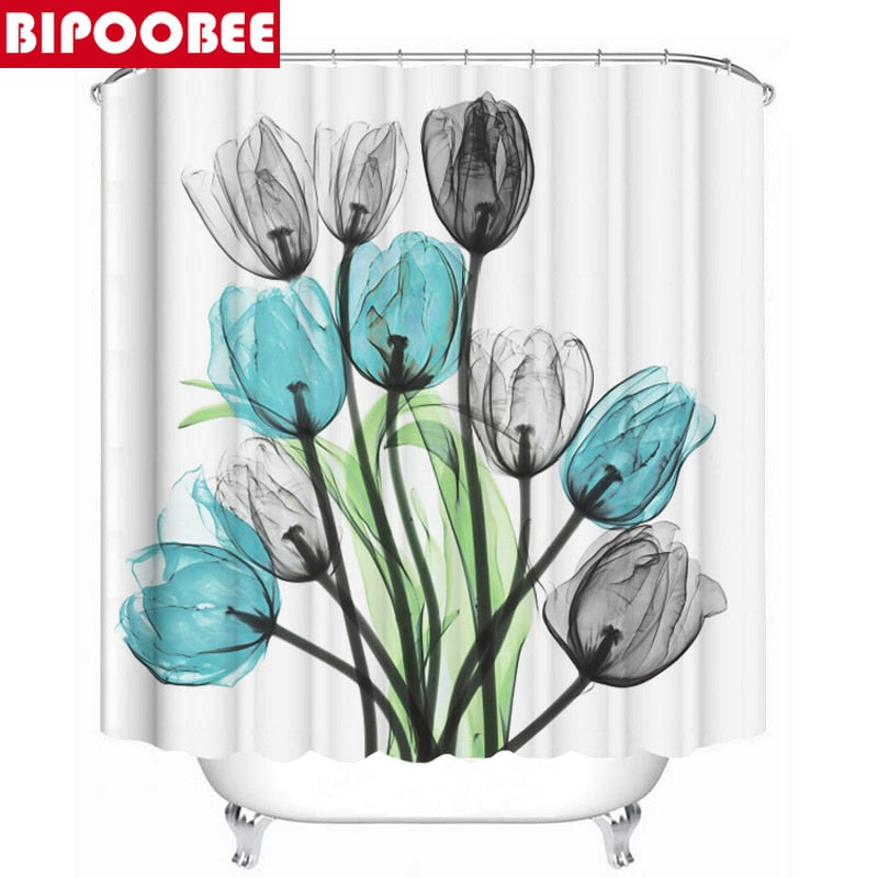 Colorful Tulip Lotus Flowers Trees Shower Curtain Sets Non-Slip Rugs Toilet Lid Cover and Bath Mat Waterproof Bathroom Curtains