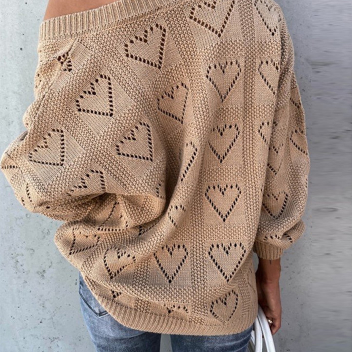 Love Heart Hollow Crochet Sweater Loose V Neck Long Sleeve Casual Knitwear Jumper