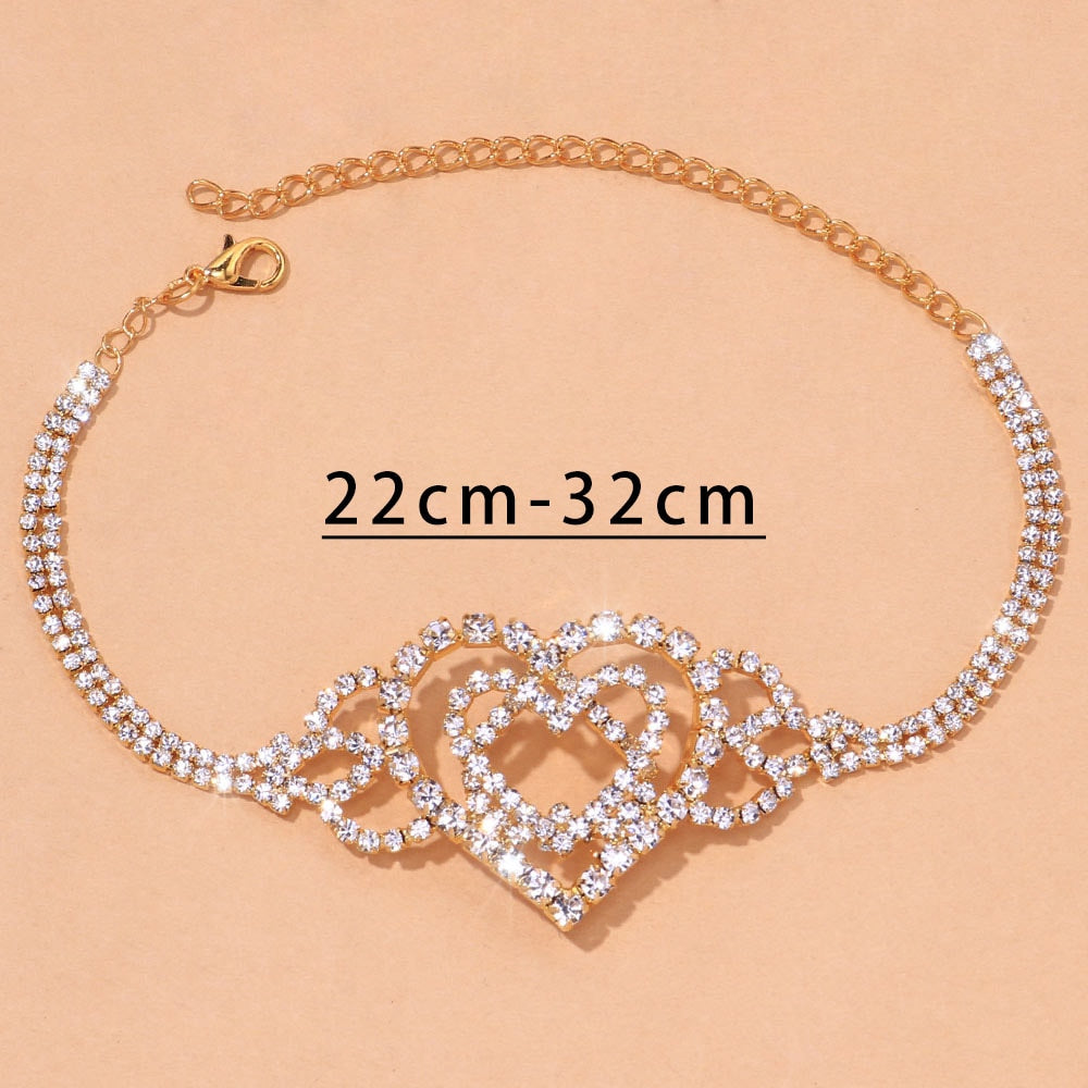 Stonefans Fashion Double Heart Anklet Rhinestone Chain Jewelry for Women Bling Love Foot Chain Anklet Bracelet Crystal