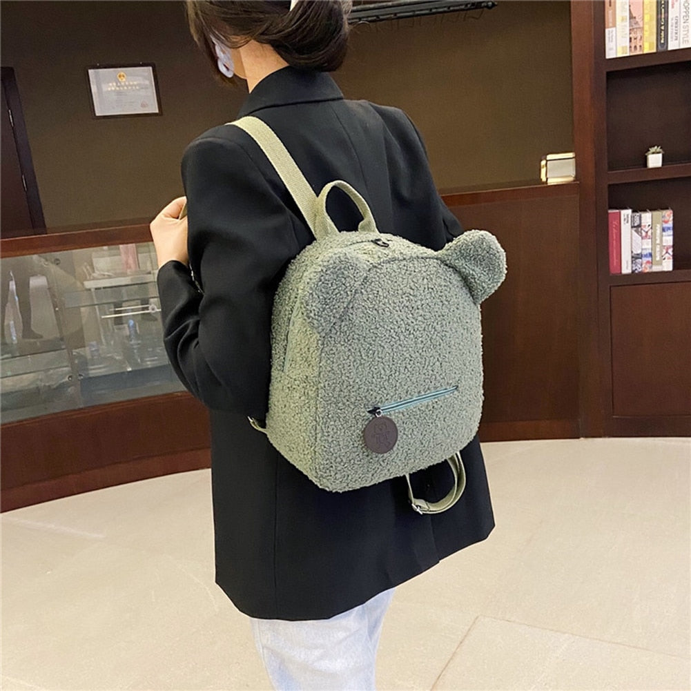 Portable Travel Rucksacks Casual Lamb Fleece cute Bear Shaped Shoulder Backpack