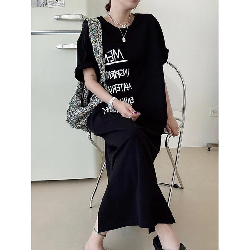 Fashion O-Neck Pockets Printed Letter Loose Casual Dress Oversized Long Dress