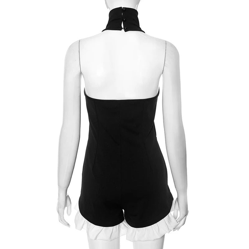 Contrast Ruffled Jumpsuit Sleeveless Rompers Fashion Splice Casual High Waist Playsuits