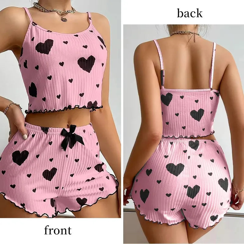 Pajama Set Breathable Soft Casual Love Printed Design Sweet Home Strap Shorts Pajamas
