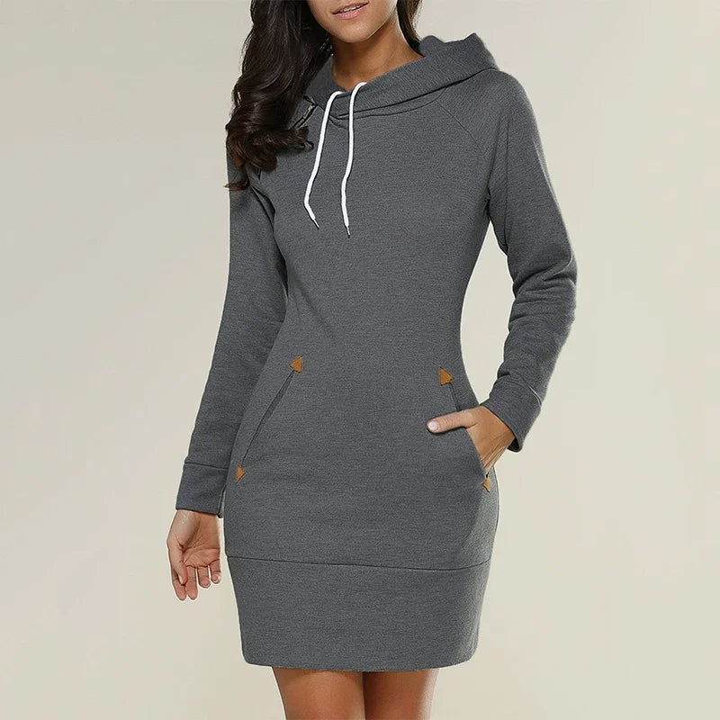 Knee-Length Pockets Dress Hooded Fashion Sweat Shirt Long Sleeve Side Zip Simplicity Casual Sports Skirt