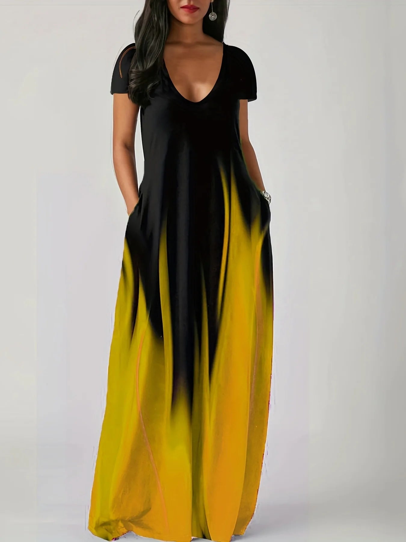 Loose Print Casual Women's Dress Pocket Long Dress