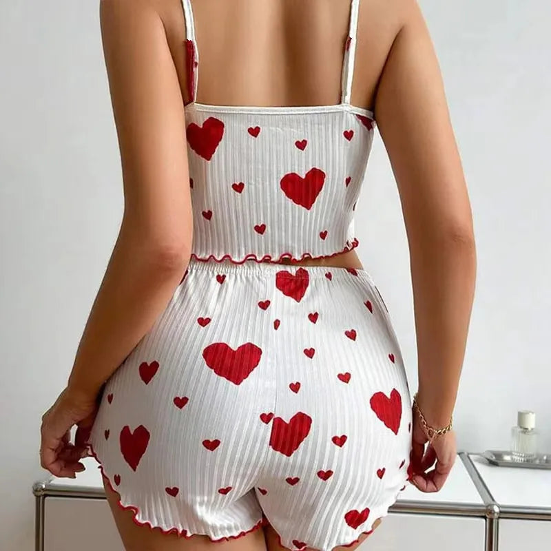 Pajama Set Breathable Soft Casual Love Printed Design Sweet Home Strap Shorts Pajamas