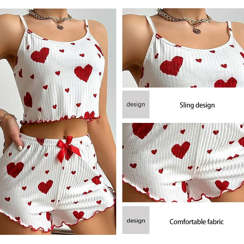 Pajama Set Breathable Soft Casual Love Printed Design Sweet Home Strap Shorts Pajamas