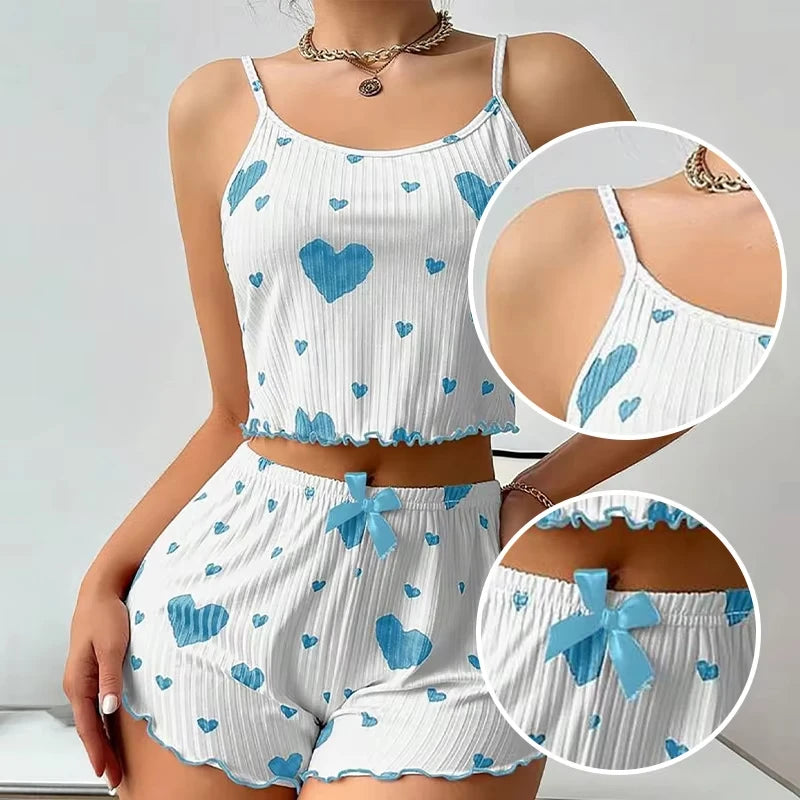 Pajama Set Breathable Soft Casual Love Printed Design Sweet Home Strap Shorts Pajamas