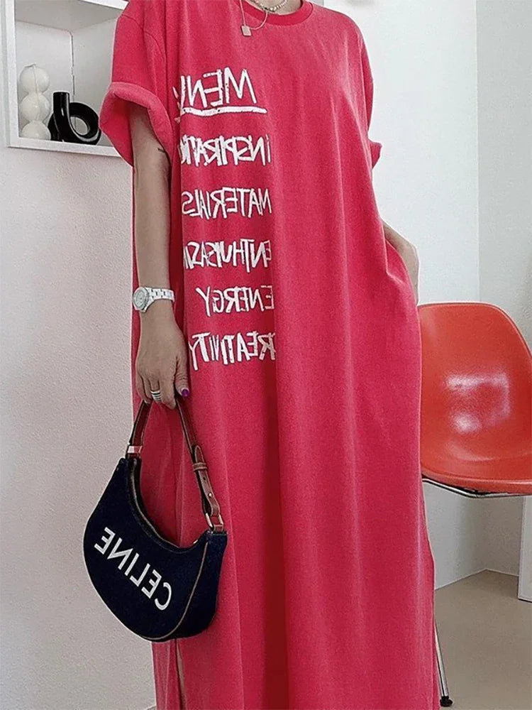 Fashion O-Neck Pockets Printed Letter Loose Casual Dress Oversized Long Dress