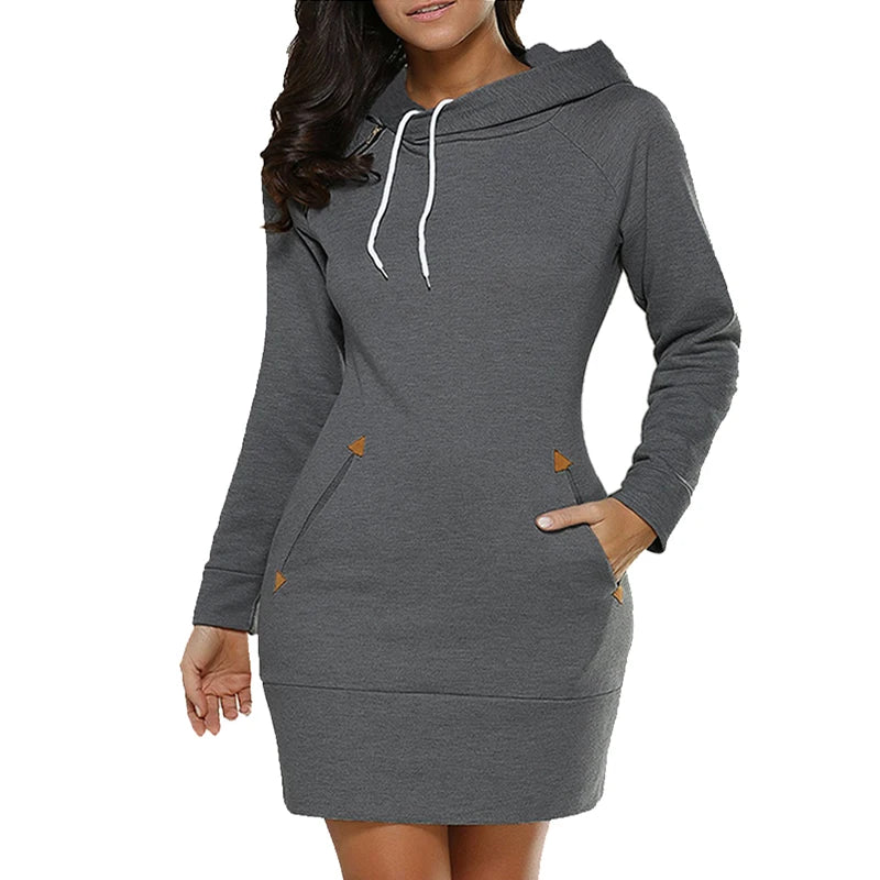 Knee-Length Pockets Dress Hooded Fashion Sweat Shirt Long Sleeve Side Zip Simplicity Casual Sports Skirt