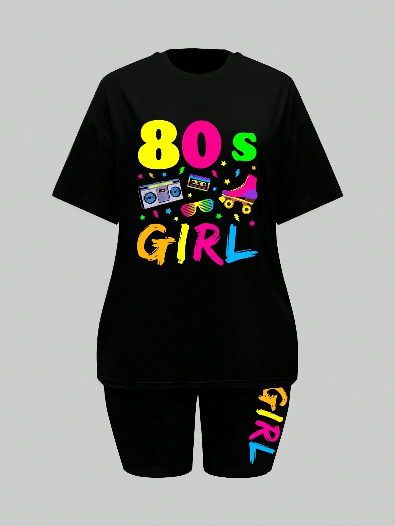 80 S Girl Colorful Printing T Shirts Two Piece Set Fashion Casual Short Sets Comfortable Breathable Shirt Shorts