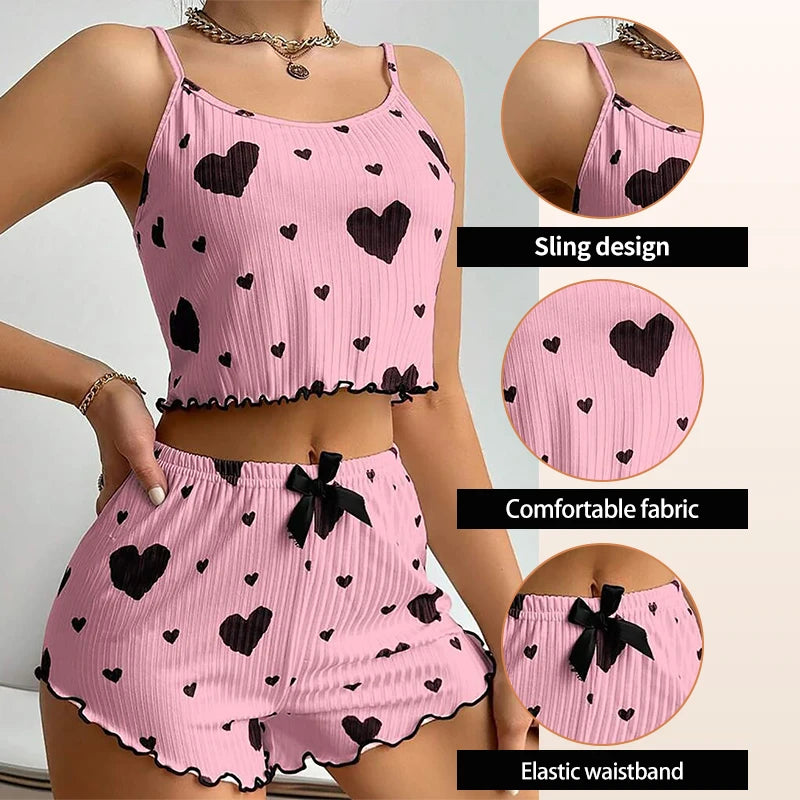 Pajama Set Breathable Soft Casual Love Printed Design Sweet Home Strap Shorts Pajamas