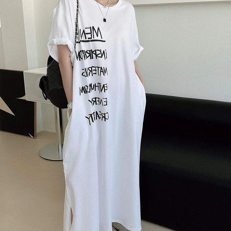Fashion O-Neck Pockets Printed Letter Loose Casual Dress Oversized Long Dress