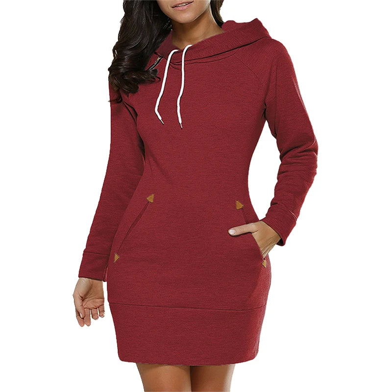 Knee-Length Pockets Dress Hooded Fashion Sweat Shirt Long Sleeve Side Zip Simplicity Casual Sports Skirt