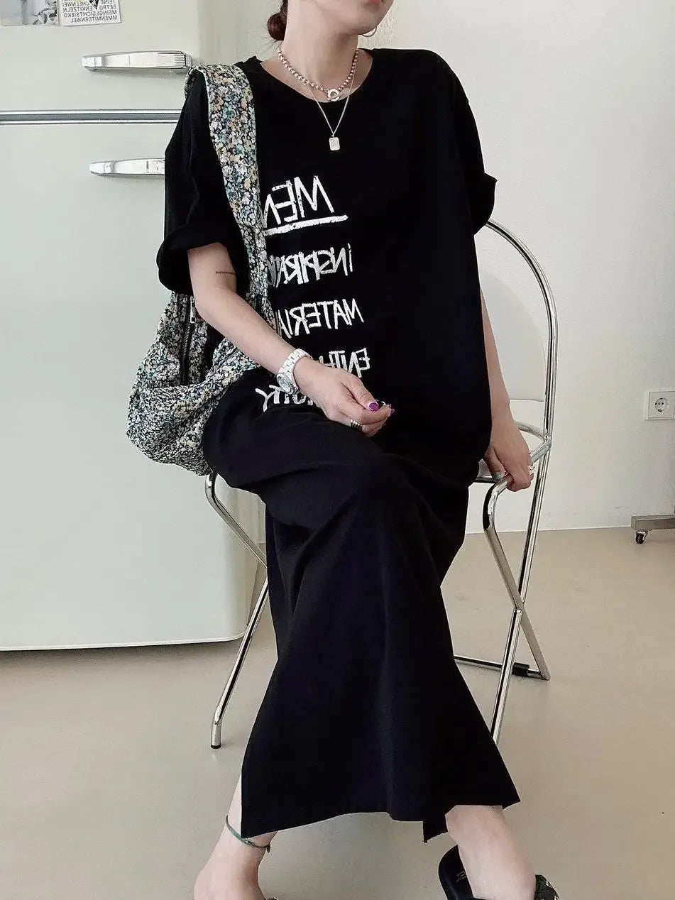 Fashion O-Neck Pockets Printed Letter Loose Casual Dress Oversized Long Dress