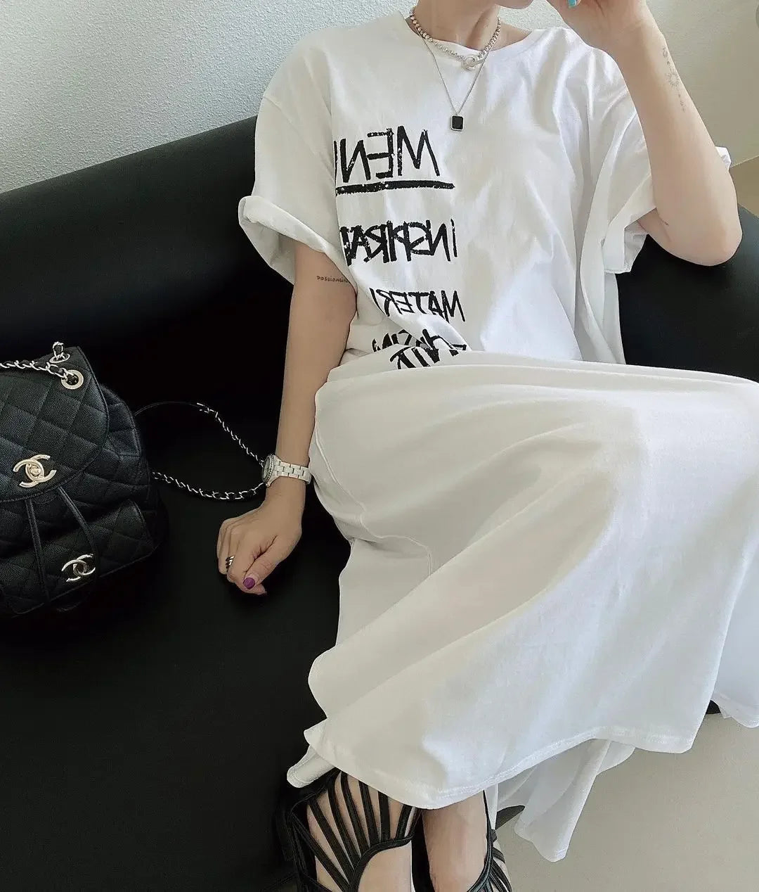 Fashion O-Neck Pockets Printed Letter Loose Casual Dress Oversized Long Dress