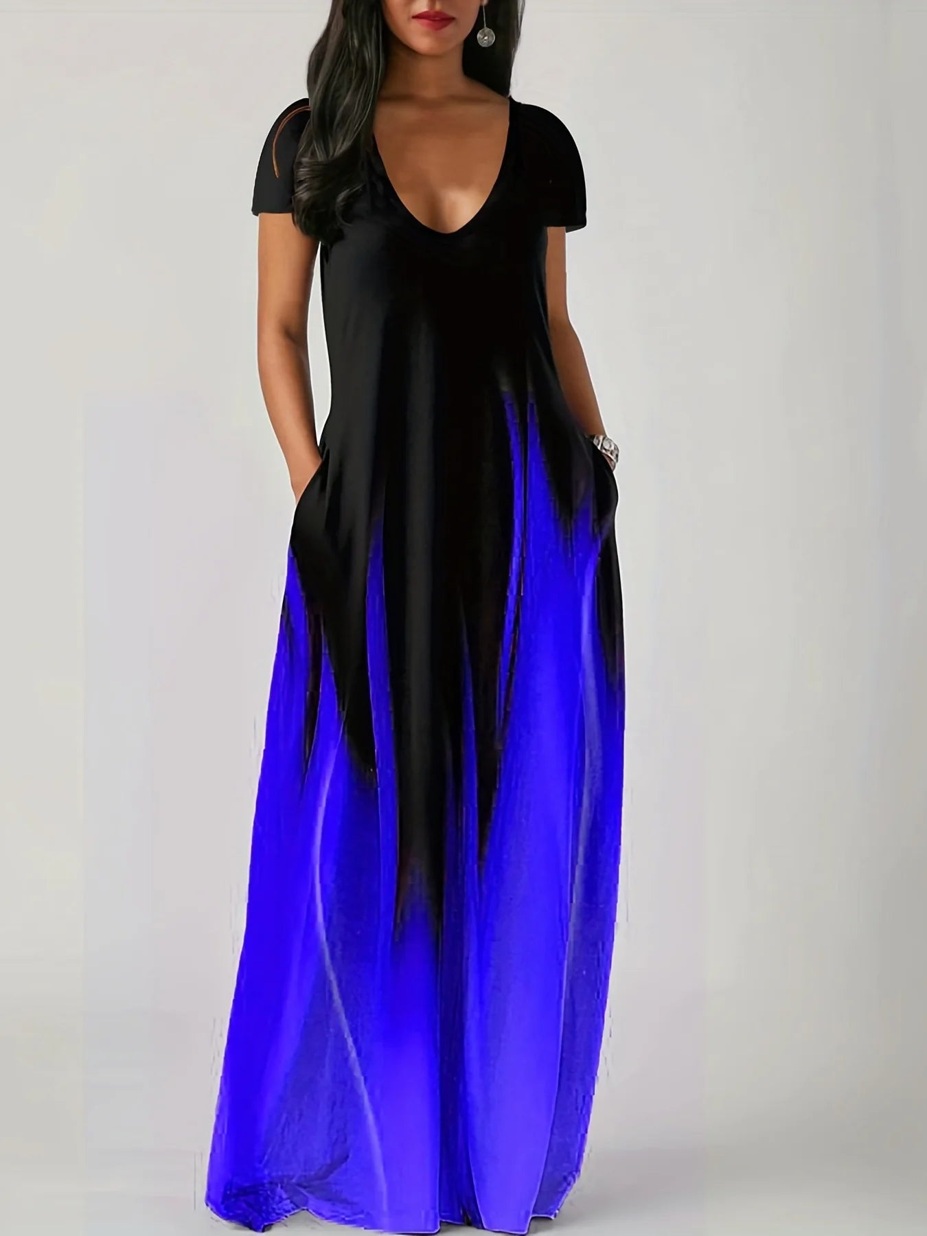 Loose Print Casual Women's Dress Pocket Long Dress