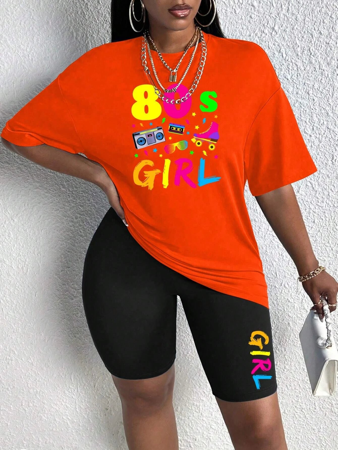 80 S Girl Colorful Printing T Shirts Two Piece Set Fashion Casual Short Sets Comfortable Breathable Shirt Shorts