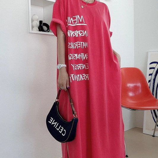 Fashion O-Neck Pockets Printed Letter Loose Casual Dress Oversized Long Dress