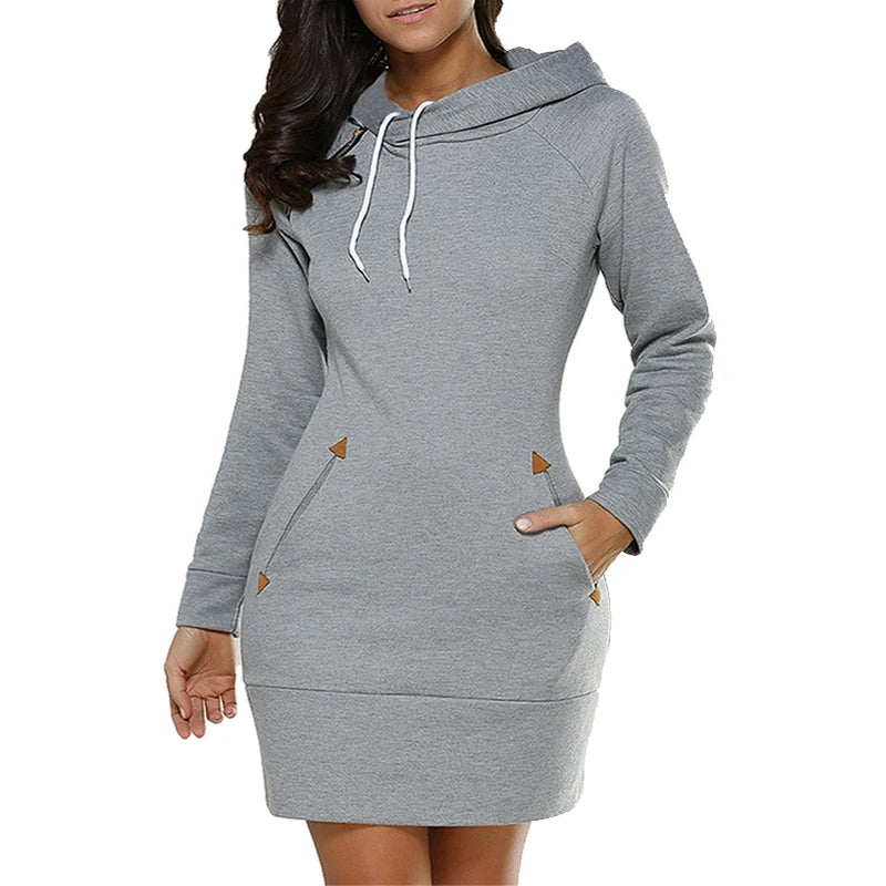 Knee-Length Pockets Dress Hooded Fashion Sweat Shirt Long Sleeve Side Zip Simplicity Casual Sports Skirt