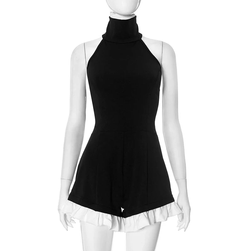 Contrast Ruffled Jumpsuit Sleeveless Rompers Fashion Splice Casual High Waist Playsuits