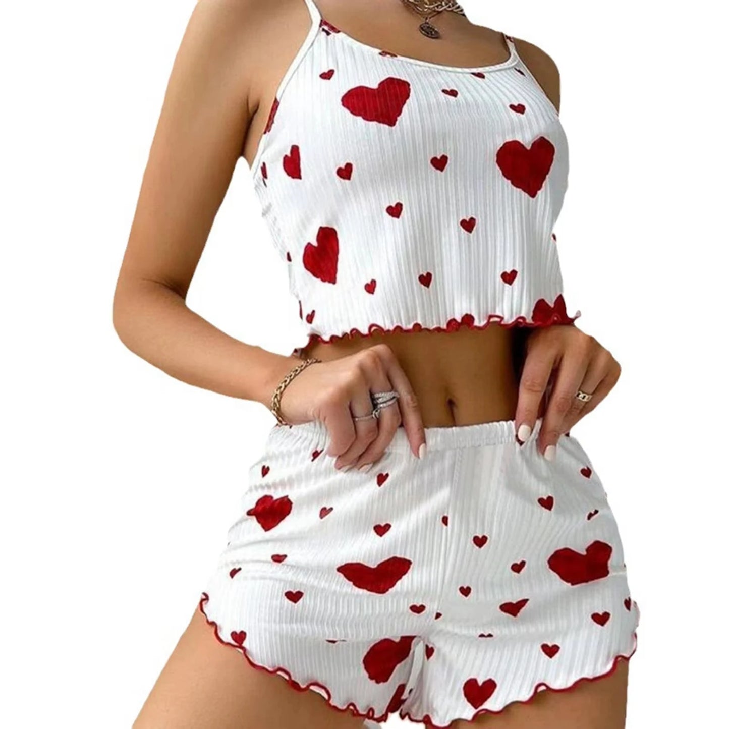 Pajama Set Breathable Soft Casual Love Printed Design Sweet Home Strap Shorts Pajamas