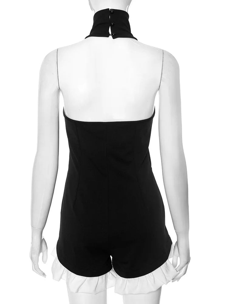 Contrast Ruffled Jumpsuit Sleeveless Rompers Fashion Splice Casual High Waist Playsuits